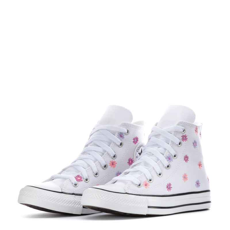 Pair of youth white high-top sneakers with pink flower pattern, lace-up