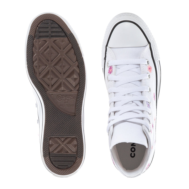 Youth white high-top sneakers showing lace-up upper and rubber sole