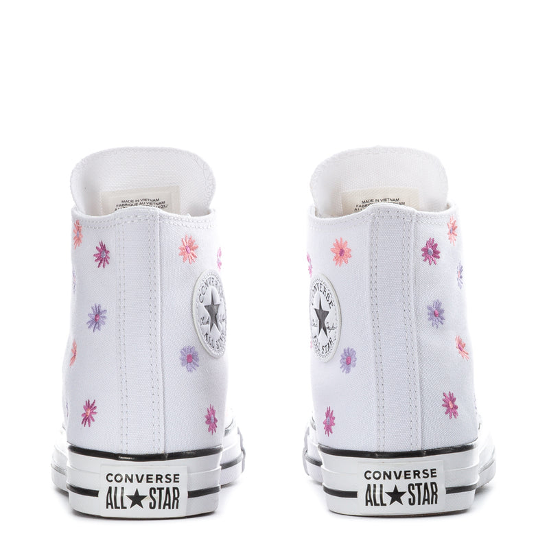 Youth white high-top sneakers with flower print at heel and Converse All Star branding