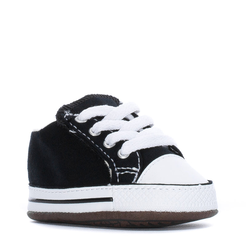 Black infant high-top sneakers with white laces and white midsole stripe
