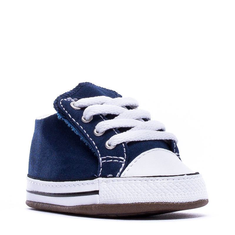 Infant navy canvas low-top sneakers with white laces and contrast white rubber sole