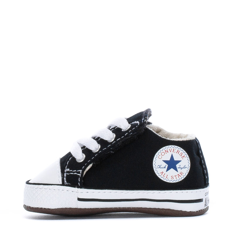 Black infant high-top sneakers with white laces and Converse All Star side patch