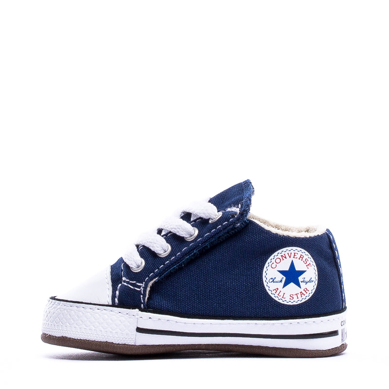 Infant navy canvas low-top sneakers with white sidewall and Converse All Star patch