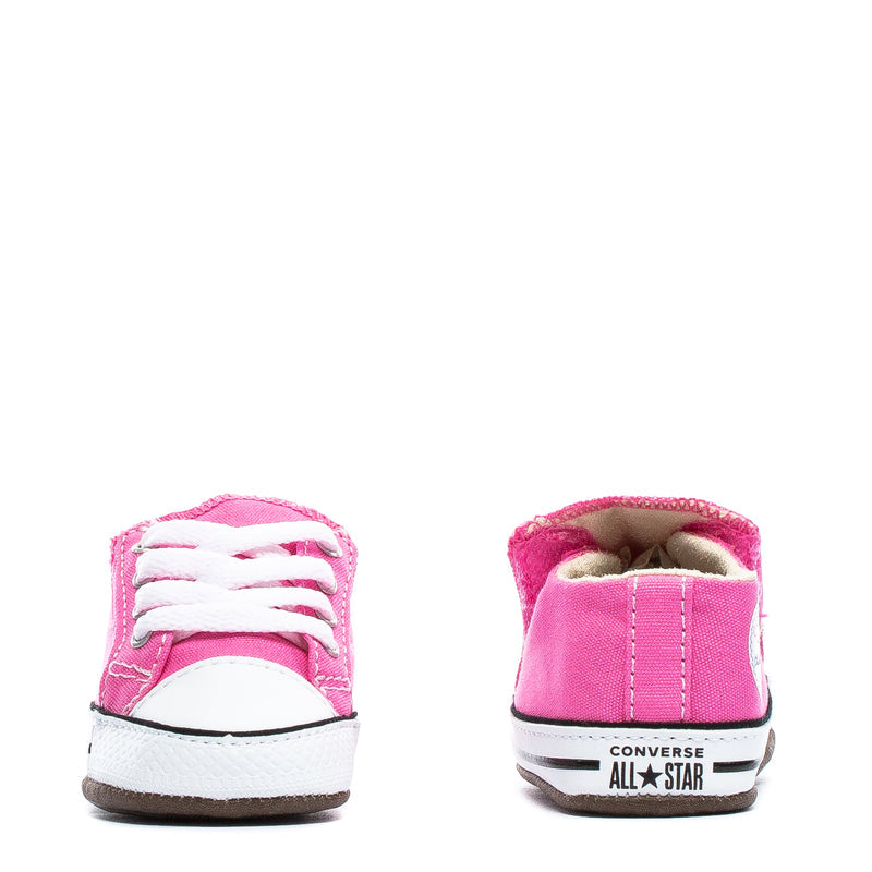 Infant pink crib shoes: front view and heel view with white laces