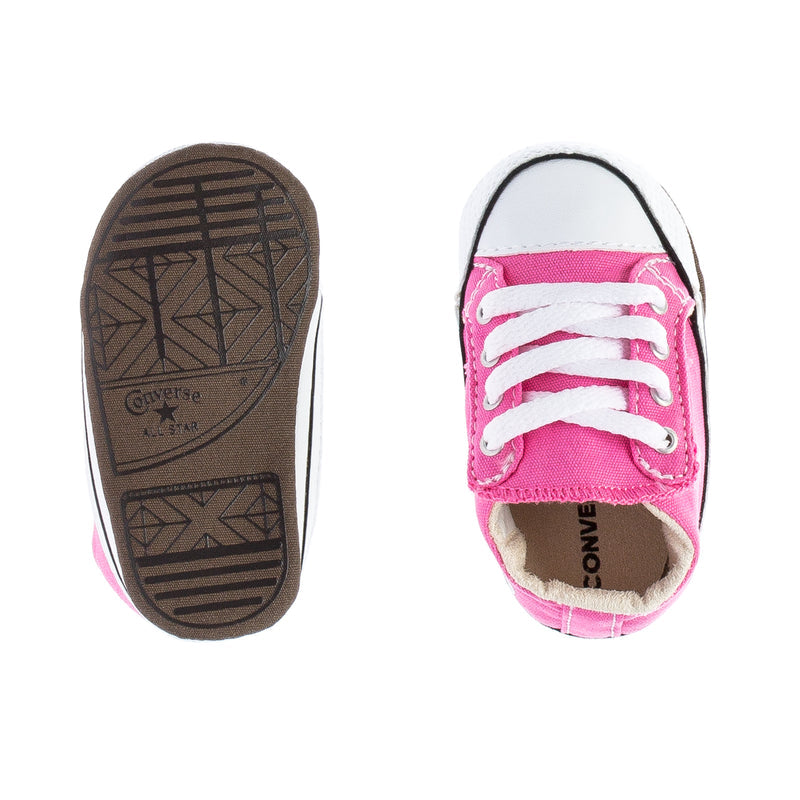 Infant Chuck Taylor crib shoes: brown textured outsole and pink interior heel collar