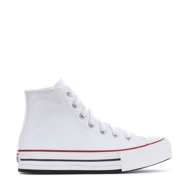Kids white high-top platform sneaker with red and navy trim, lace-up eyelets.