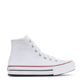 Kids white high-top platform sneaker with red and navy trim, lace-up eyelets.