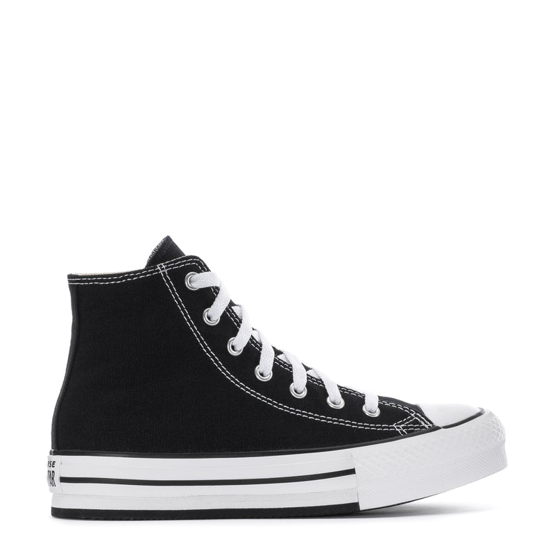 Kids black high-top platform sneakers with white laces and white rubber sole trim