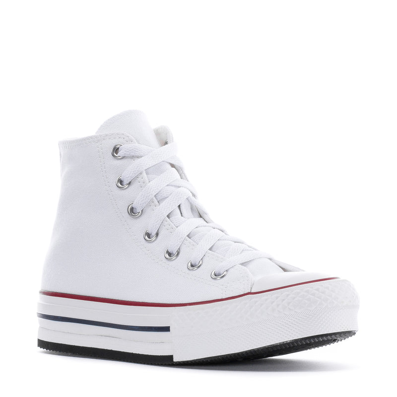 Kids white high-top platform sneaker, lace-up with red toe cap and navy side stripe.