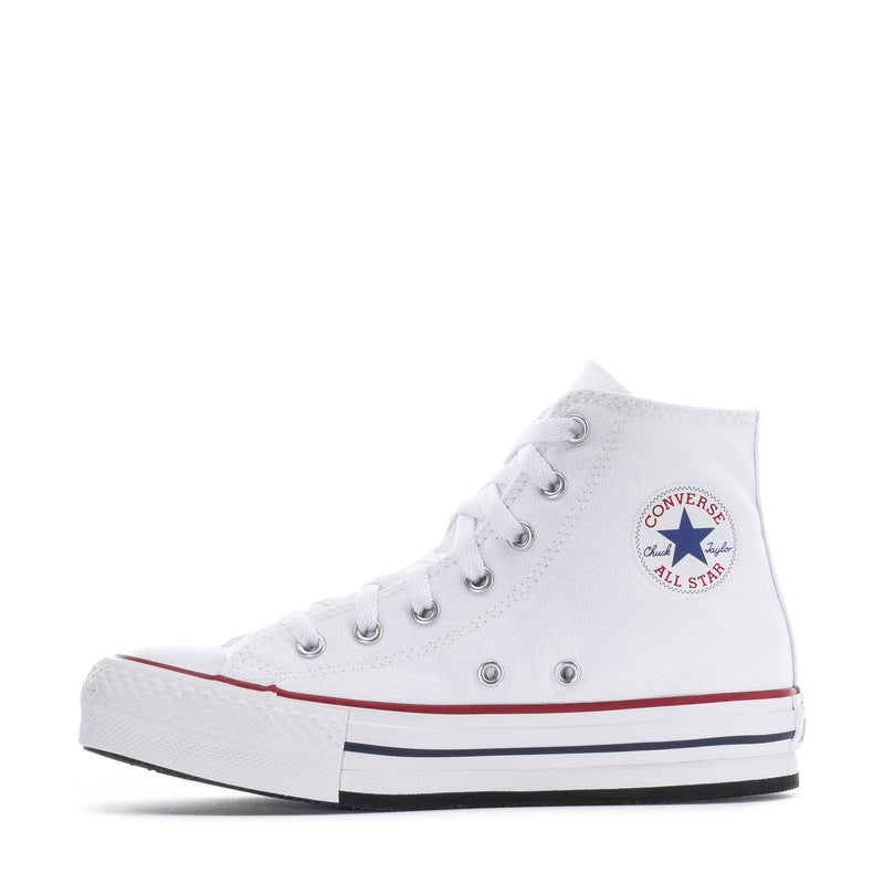Kids white high-top platform sneaker with Converse All Star patch and red trim.