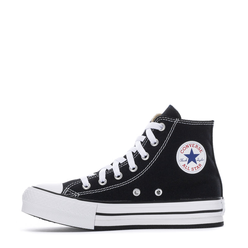 Kids black Converse high-top platform sneakers with white laces and side All Star patch