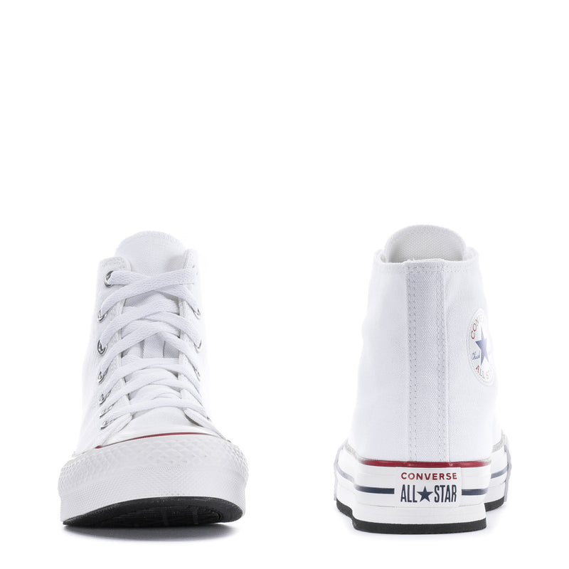 Kids white high-top platform sneaker, heel and side view with cushioned collar.