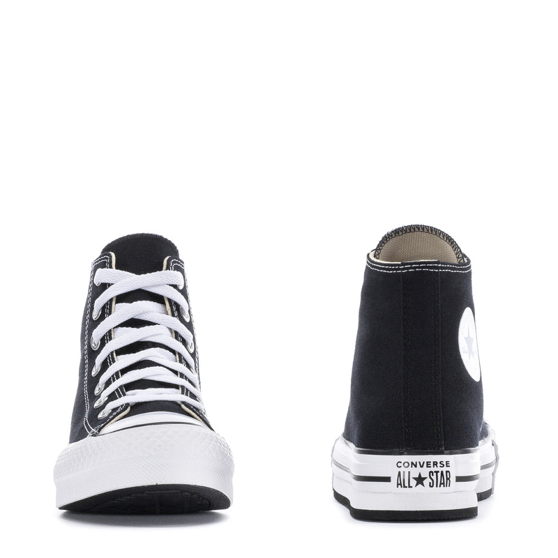 Kids black high-top platform sneakers, front and back views with white rubber toe cap