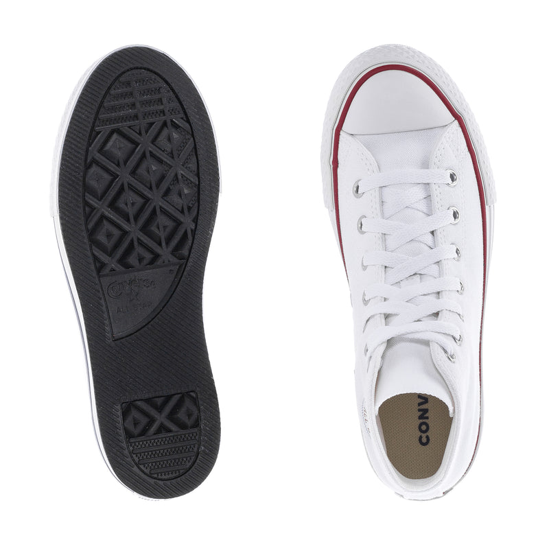 Kids white platform sneaker outsole view with black tread and white upper.