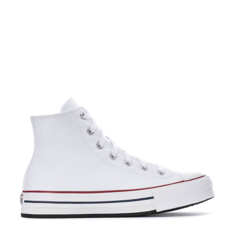 Youth white high-top platform sneaker with red trim, white laces, rubber sole