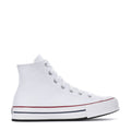 Youth white high-top platform sneaker with red trim, white laces, rubber sole