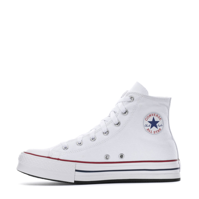 White high-top platform sneaker with red stripe and Converse All Star side patch