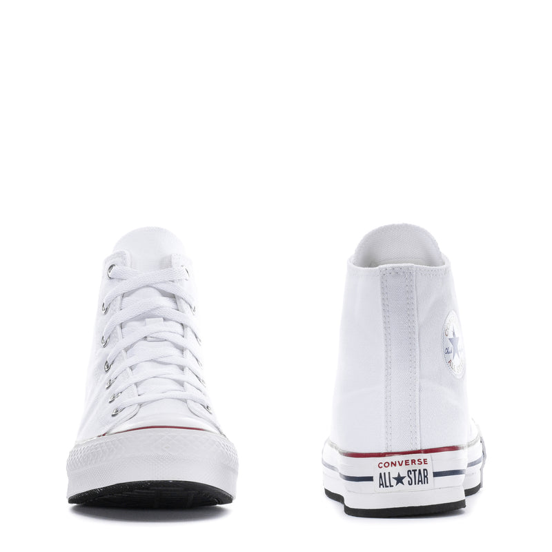 Pair of white high-top platform sneakers, rear view with Converse All Star ankle detail