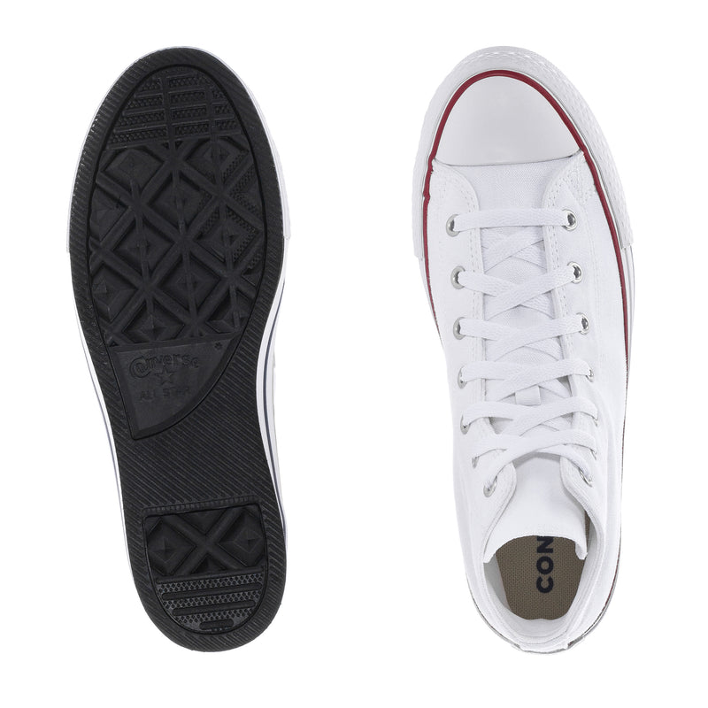 White and black high-top sneaker soles, tread underside and lace-up profile