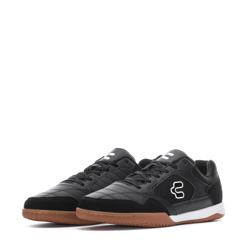 Pair of men's black sneakers with white accents and gum-brown outsole