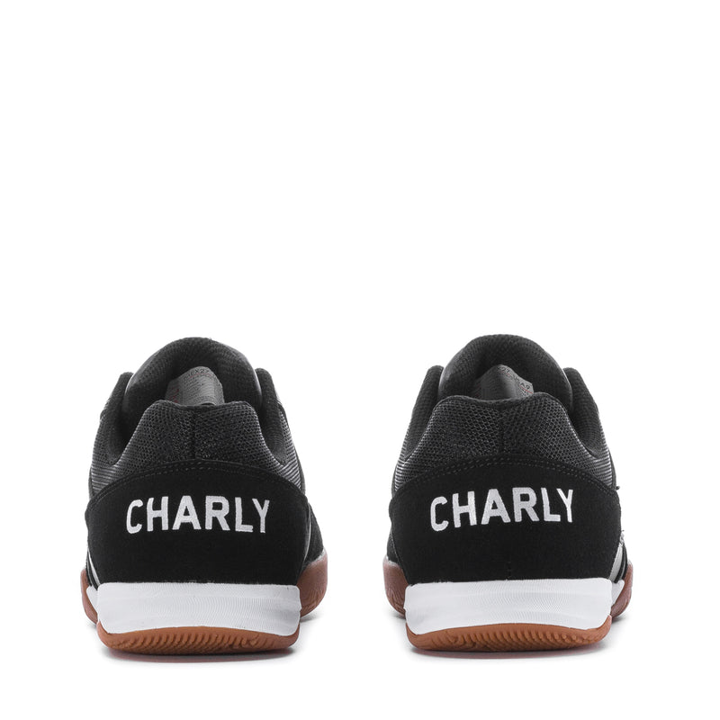 Men's black sneakers heel view with 'CHARLY' branding and gum sole