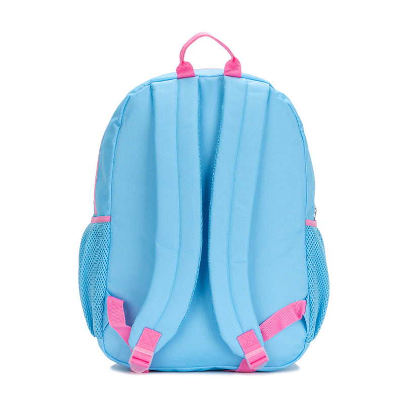 Light blue backpack with pink top handle and adjustable shoulder straps, back view