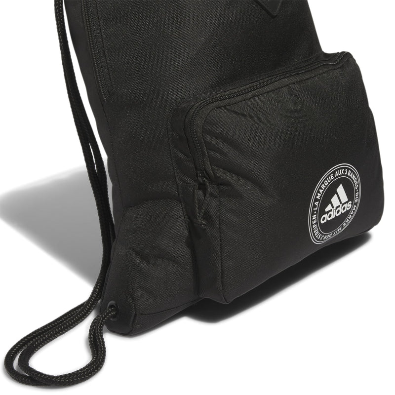 Black adidas drawstring sackpack with front zip pocket and logo patch