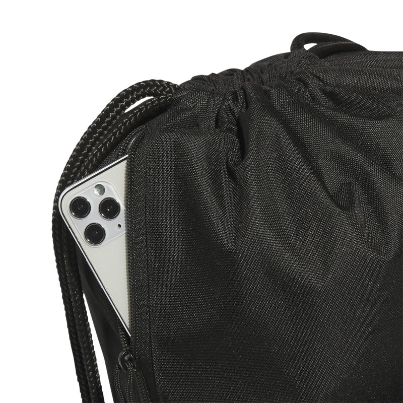 Black adidas sackpack top with drawstring and phone peeking out