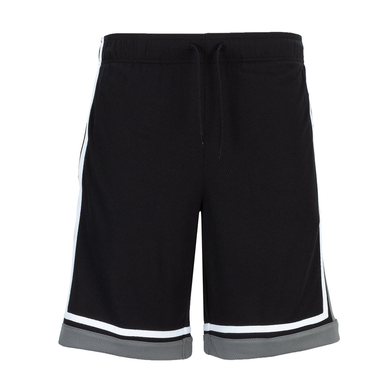 Men's black basketball shorts with drawstring; white/gray stripe at hem.
