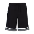 Men's black basketball shorts with drawstring; white/gray stripe at hem.