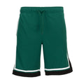 Men's green basketball shorts with black hem and white contrast trim, drawstring waist