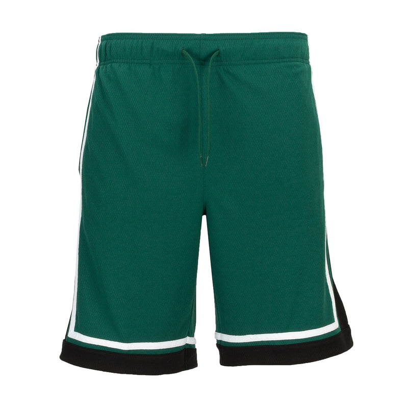 Men's green basketball shorts with black hem and white contrast trim, drawstring waist