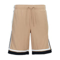 Men's basketball shorts in hemp tan with drawstring, white trim, and black side accents