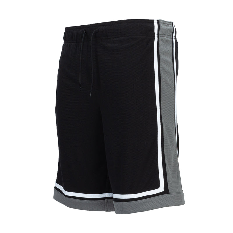 Men's black basketball shorts with side white stripe and gray cuffs; drawstring waist.