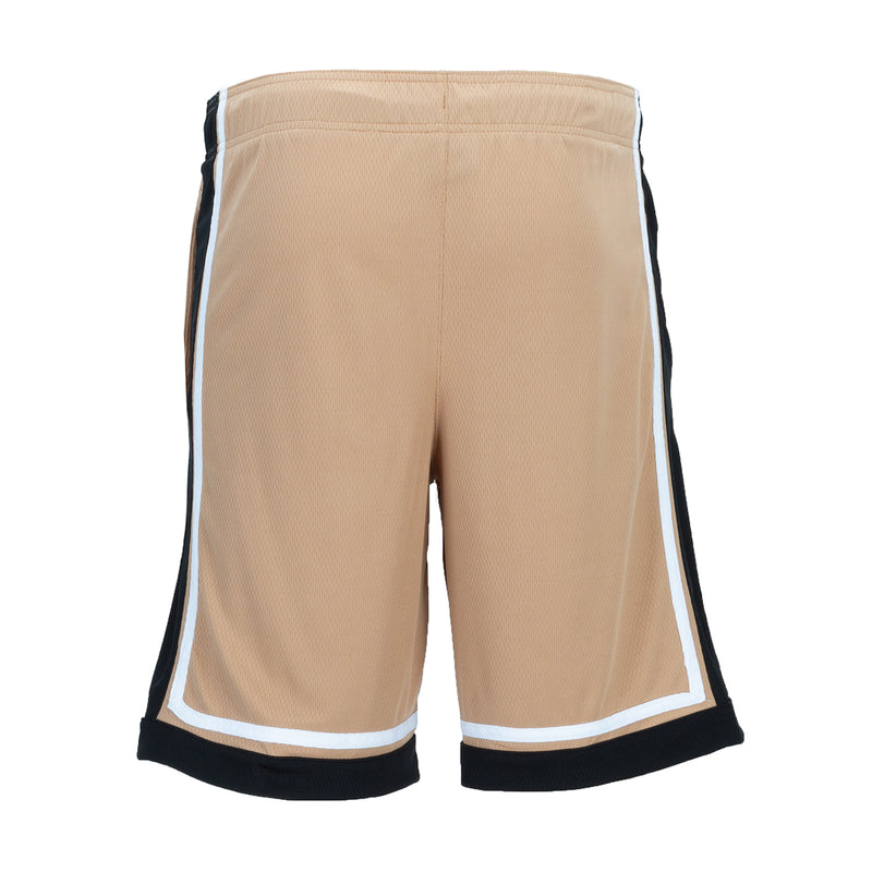 Men's basketball shorts in hemp tan with drawstring, black side panels, and white hem trim