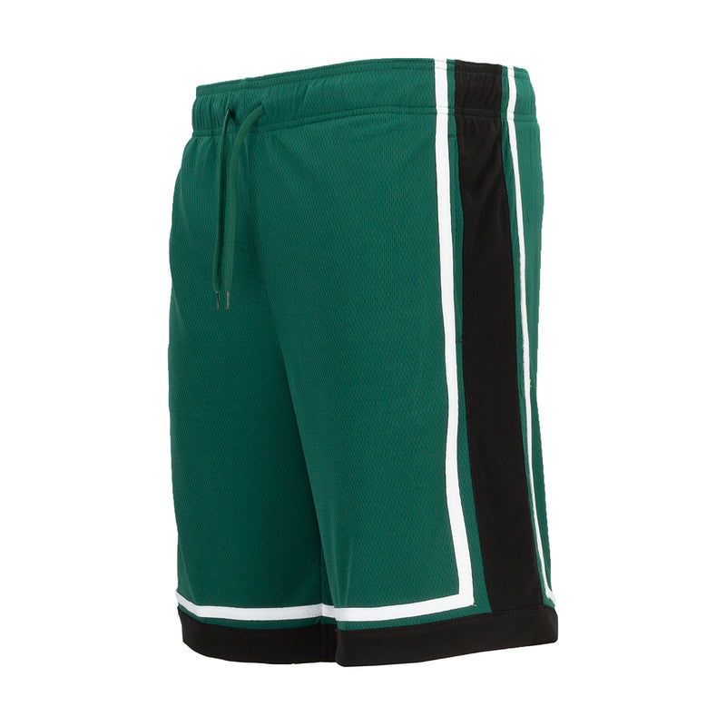 Men's green basketball shorts back view with white side stripe and black hem