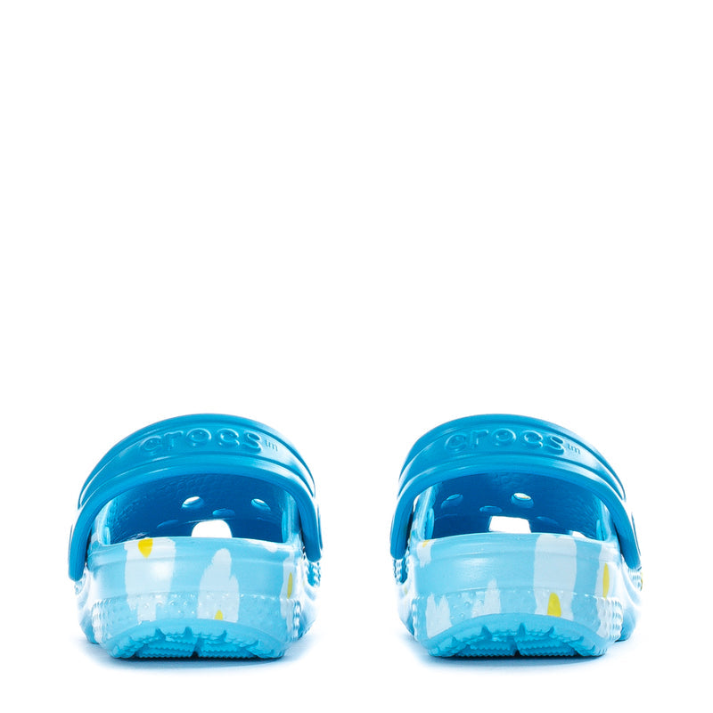 Infant light blue clog heel view pair with embossed Crocs lettering