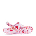 Kids' pink clog with heart pattern and round side charm detail