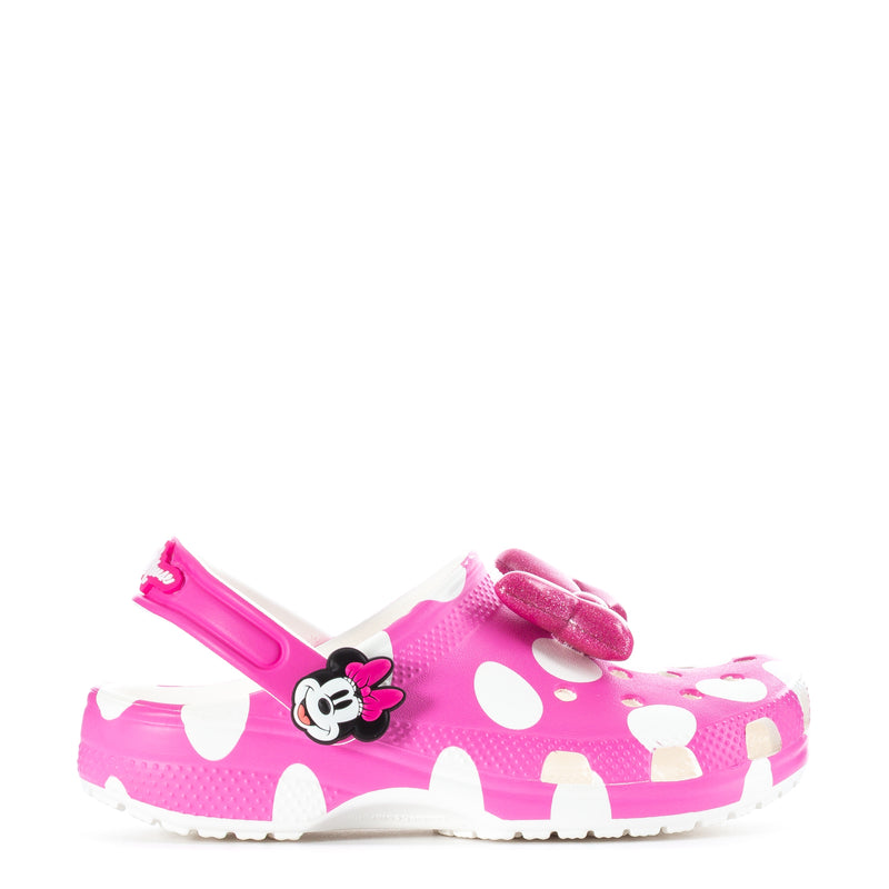 Kids' classic clog in pink with white polka dots, Minnie bow and character face
