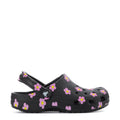 Kids' black clog with pink flower print, side vents and adjustable back strap