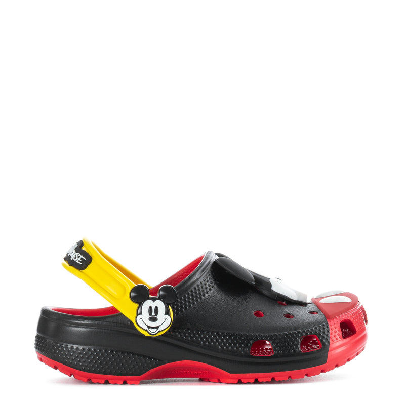 Kids classic clogs in black with red accents, yellow strap, Mickey Mouse charm