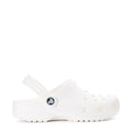 Kids' white clog with side vent holes, perforated upper, and logo patch