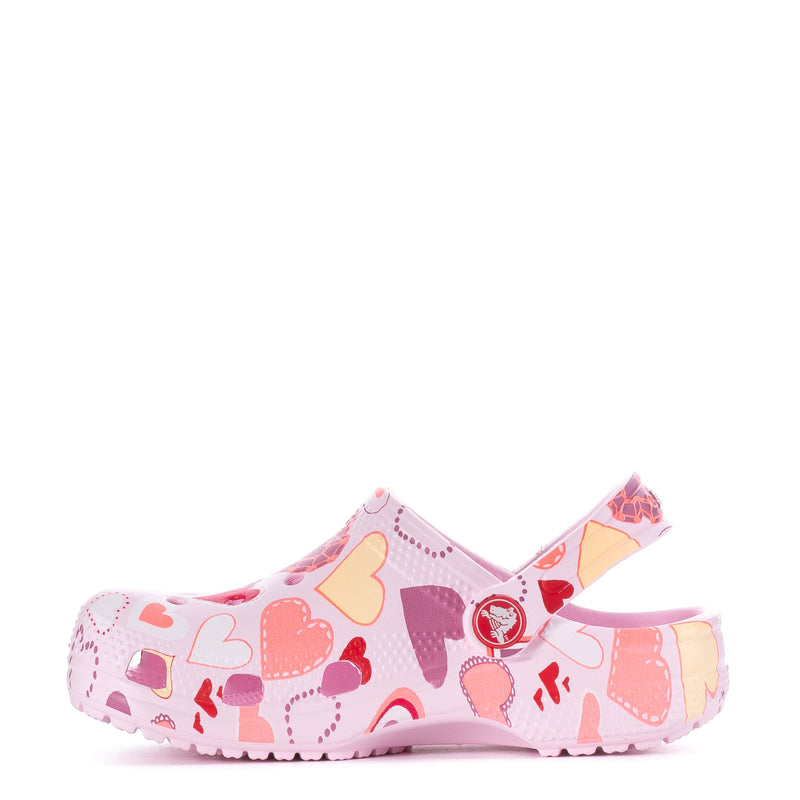 Kids' pink clog with heart print upper and side openings