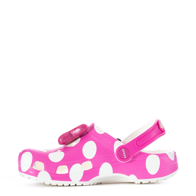 Kids' pink clog with white dots, Minnie bow top and adjustable heel strap