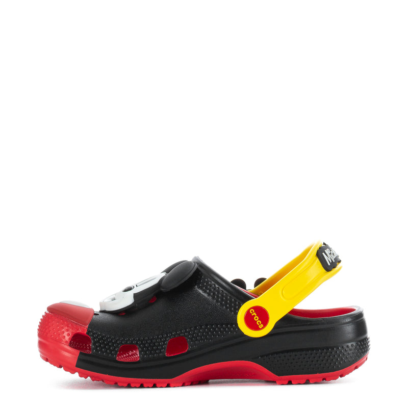Kids clog sandals, black top with red sole and yellow strap, Mickey Mouse graphic