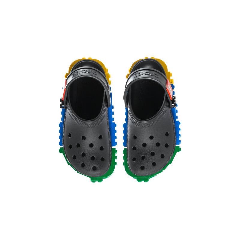 Pair of kids black clogs showing open top and round ventilation holes.