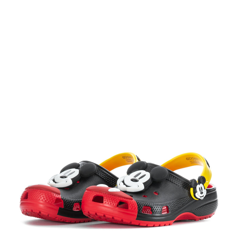 Kids clog sandals with Mickey Mouse face on straps, black and red with yellow trim