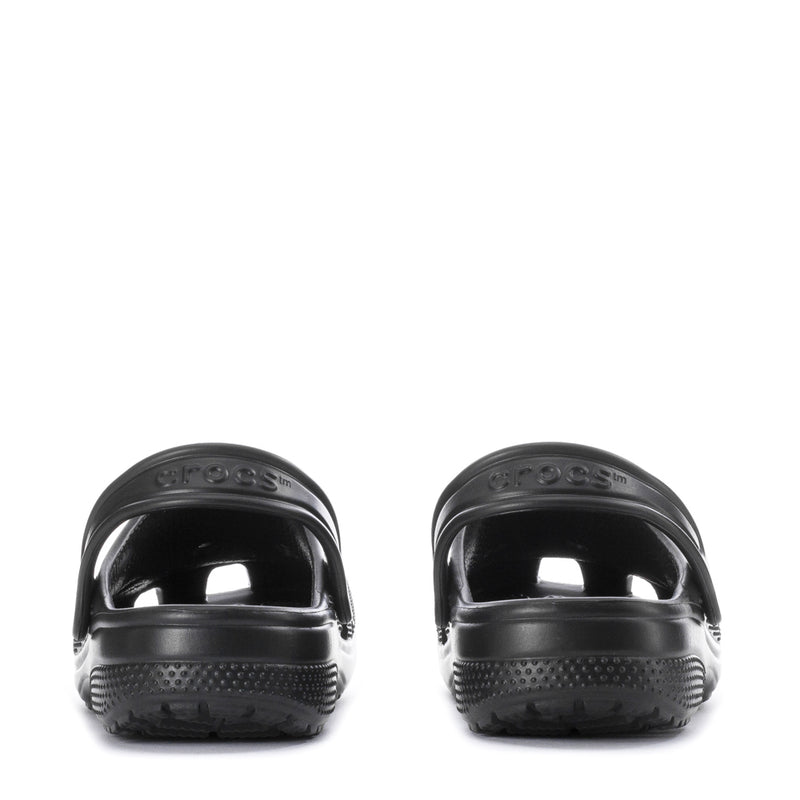 Kids' black clogs, rear view with contoured heel and perforated texture