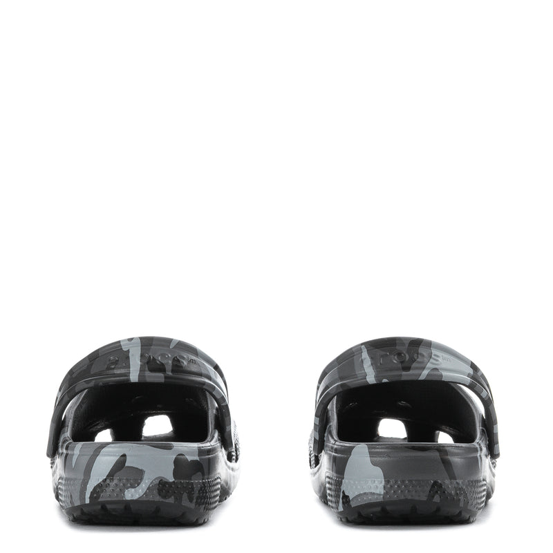 Kids camouflage clogs, slate gray, back view with heel openings