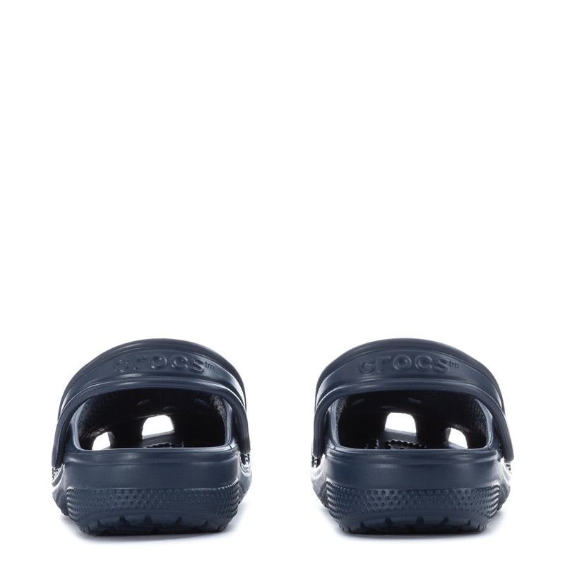 Kids' navy clogs with open heels and ventilation holes on the back